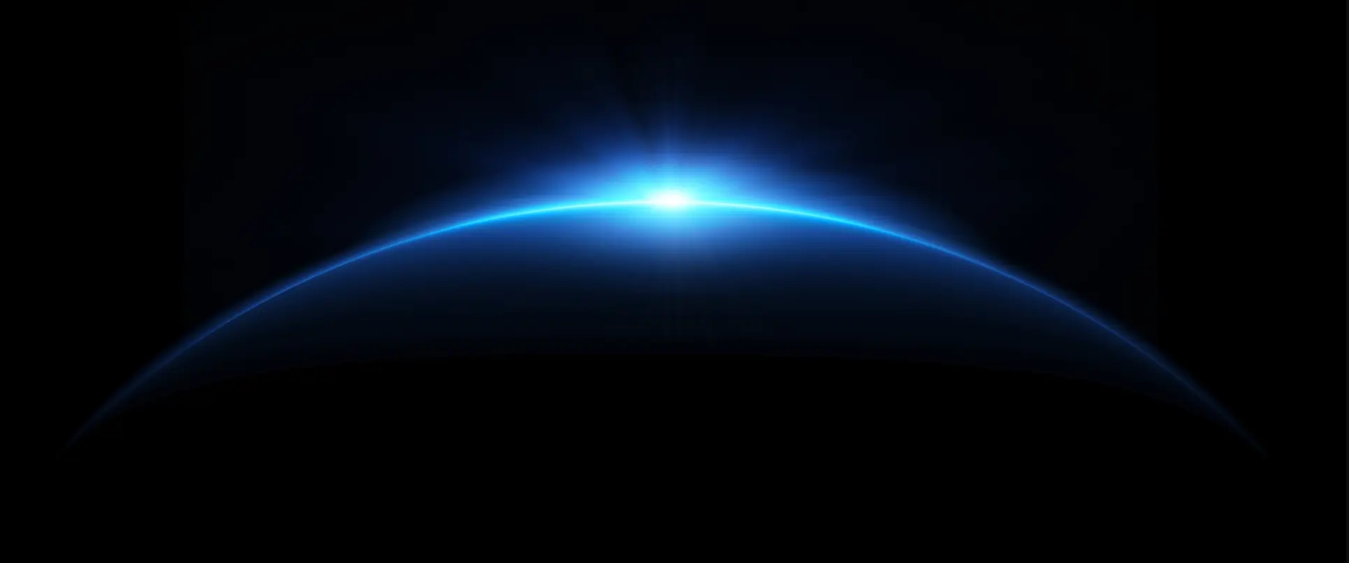 Abstrakter blauer Lichthorizont vor dunklem Hintergrund als Symbol für digitale Innovation, Technologie und Zukunft.