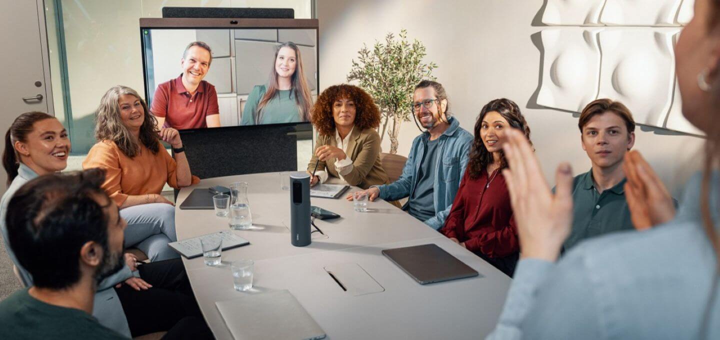 company meeting with happy and interested people