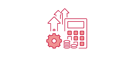 A pink icon shows a calculator, a gear, and upward arrows.