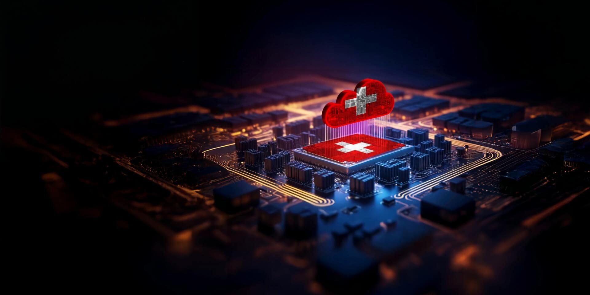 Illustration einer sicheren Schweizer Cloud-Infrastruktur: Eine rote Cloud mit integriertem Schweizer Kreuz und digitaler Schaltkreisstruktur schwebt über einer Computerplatine. Die Darstellung steht für Datensicherheit, Compliance und Cloud-Hosting in Schweizer Rechenzentren.