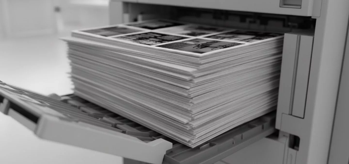 A stack of papers, with the top sheet showing a grid of black and white images, sits on the open tray of a printer. The image is in black and white.