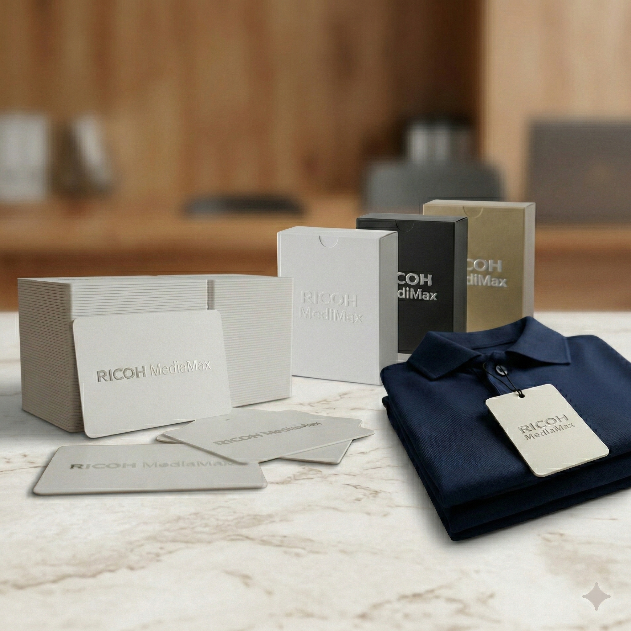 Ricoh MediaMax packaging and display solutions showcased on a worktop, featuring cardboard boxes and retail stands.