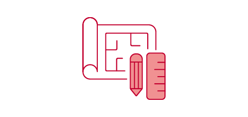 A red outline of a blueprint with a pencil and ruler