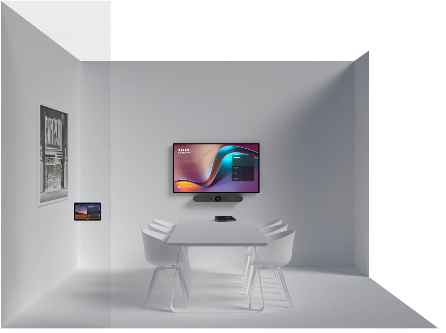 Logos of companies and a room with a table and chairs