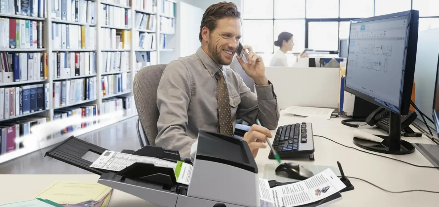 A male office worker with a beard sits at a desk, smiling while talking on a cellphone. He is in front of a Ricoh scanner and a computer monitor, with a keyboard and mouse on the desk. In the background, there are bookshelves and other people working at their desks.